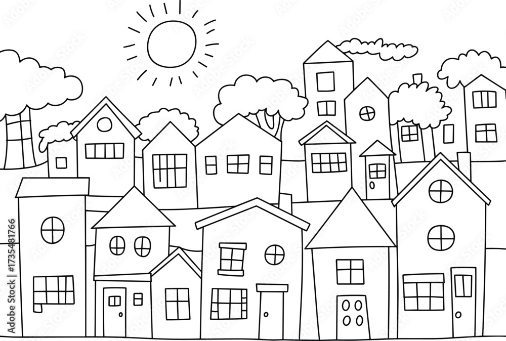 Naklejka premium Whimsical village scene with diverse houses under a sunny sky town buildings