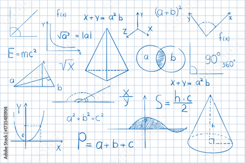 Math symbols blue pencil formulas hand drawn on notebook page background. Sketch symbols mathematical equations, schemes geometry shapes. 