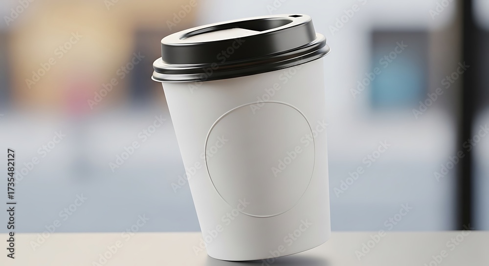 Obraz premium A white disposable coffee cup with a black lid sits on a surface, blurred background.