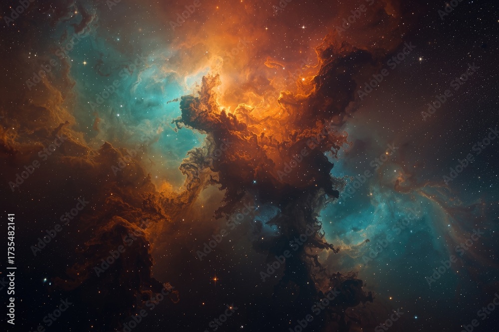 Fototapeta premium A celestial canvas featuring orange nebula and blue space dust with scattered stars in the darkness