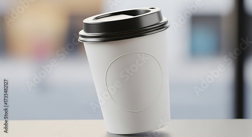 A white disposable coffee cup with a black lid sits on a surface, blurred background.