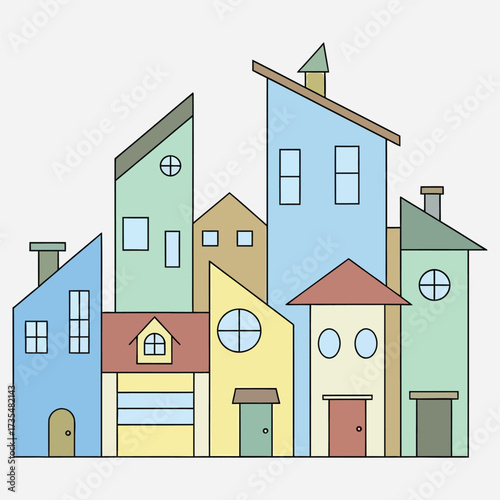 Colorful and whimsical vector illustration of a charming city, featuring an abstract skyline with diverse houses and buildings in a modern graphic style