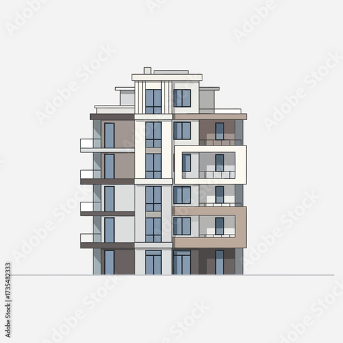Front elevation view of a modern apartment complex, an isolated vector design illustration for real estate or construction projects