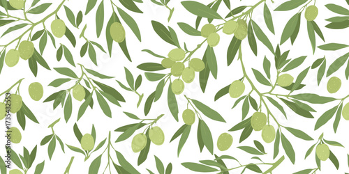 Branches with olives seamless pattern. Olive ripe black and green fruits background. Branding concept for olive oil company, organic, eco-friendly products and culinary services