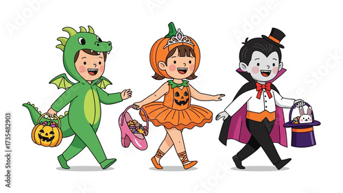 Halloween Parade of Joy: Adorable children in vibrant costumes happily march in a colorful parade, each holding their treat bag with anticipation and excitement.