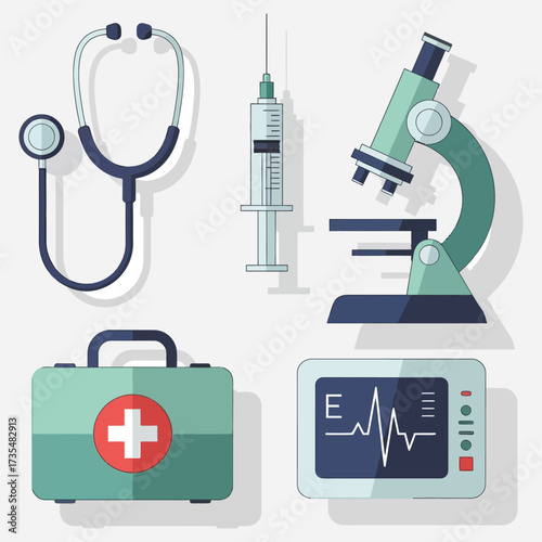 Digital illustration of crucial healthcare instruments, including a stethoscope, microscope, and first aid kit, for medical applications and diagnostics