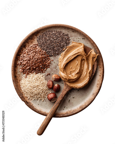 Peanut butter with seeds and nuts on a plate