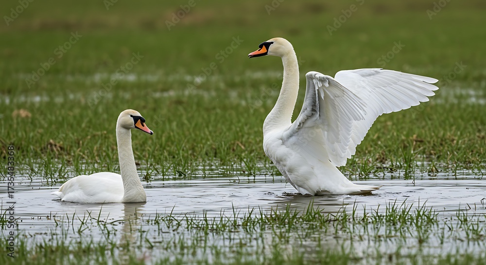 Obraz premium Two elegant white swans in a natural wetland environment during daylight