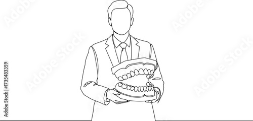 Line art illustration of dentist holding dental jaw model, oral care education, tooth health, medical profession, dentistry training, oral hygiene, healthcare