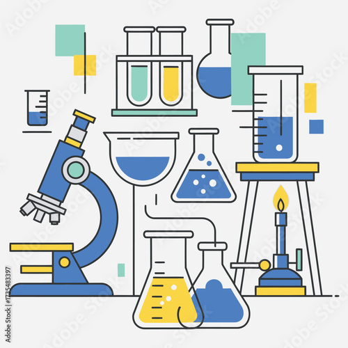 Science Lab Equipment Illustration with Beakers and Microscope