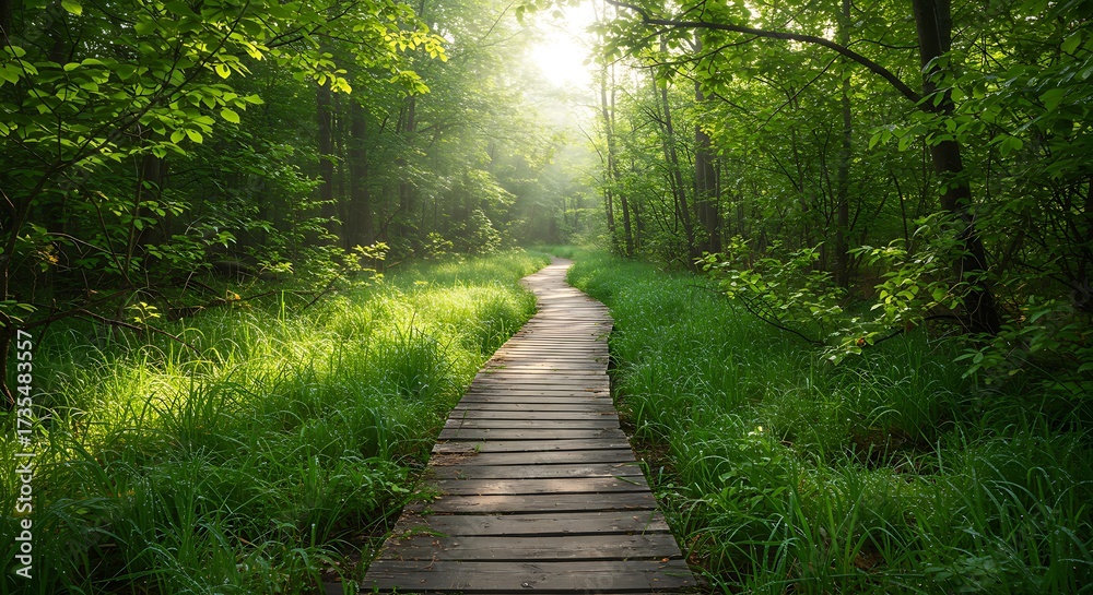 Fototapeta premium Serene Wooden Boardwalk Winding Through Lush Green Forest with Sunlit Foliage