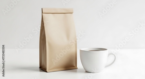 A brown paper bag stands next to a white ceramic mug filled with a dark liquid, set against a clean, bright background.