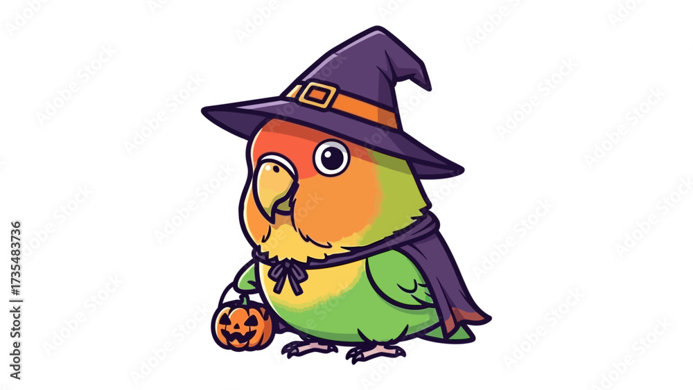 Obraz premium Spooky Parrot's Halloween Fun: A cheerful parrot dressed in a classic witch hat, complete with a purple cloak, carries a jack-o'-lantern, ready for a night of spooky fun and trick-or-treating.