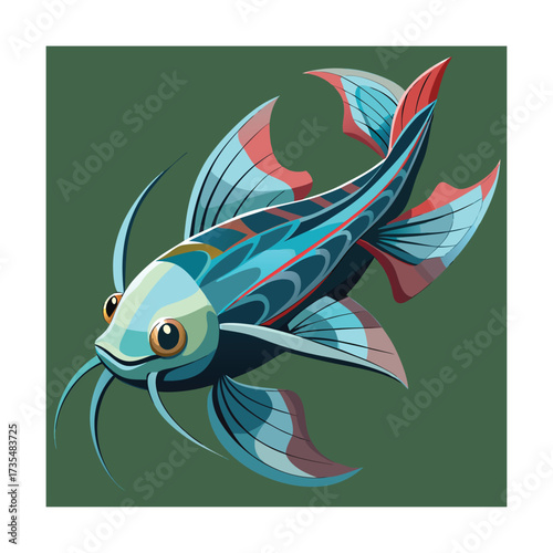 Vibrant Catfish Illustration with Colorful Fins and Green Background