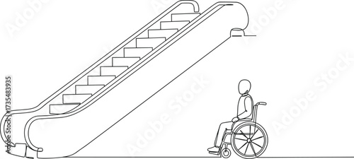 Line art illustration of wheelchair user facing escalator, symbol of accessibility challenge, disability barrier, urban design, inclusion, mobility, equality