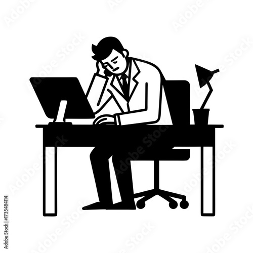overworked doctor at his desk vector art illustration