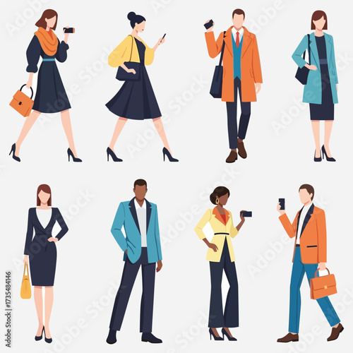 A diverse mix of modern urban professionals, men and women, captured in various poses, showcasing city life, business, and digital interaction