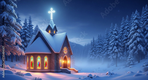 Serene Mountain Chapel with Glowing Stained Glass at Night