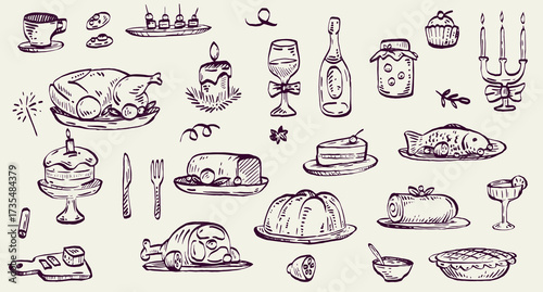 Wallpaper Mural Hand drawn doodle dinner food holiday elements in sketch style. Set design decoration for branding banner, card, poster, invitation. Vintage vector illustration. Torontodigital.ca