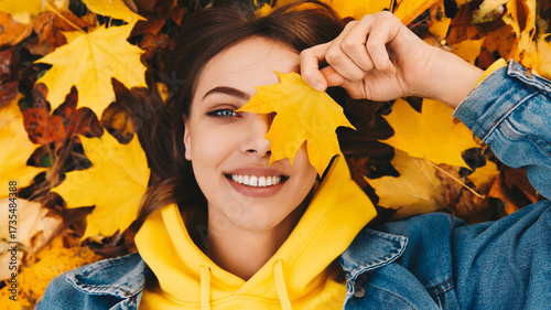 Smiling young woman with brown hair in yellow hoodie and denim jacket lying on autumn leaves, holding a maple leaf over her eye, joyful fall portrait.