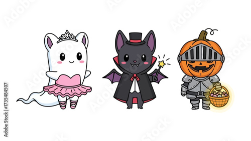 Halloween Cartoon Trio: Whimsical cartoon characters embodying the essence of Halloween: a ghostly ballerina, a dapper vampire bat, and a spooky pumpkin knight, all radiating joy and wonder.