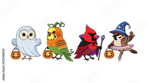 Halloween Characters Parade: Adorable cartoon characters ready for trick-or-treating, each dressed in imaginative and whimsical costumes, evoke the fun and spookiness of Halloween. 