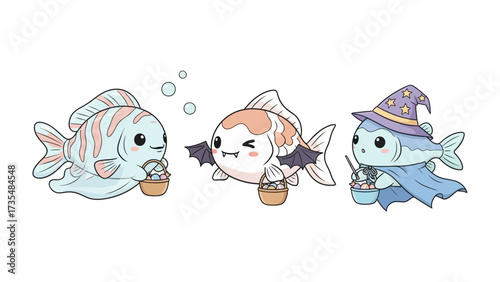 Spooky Fish Crew: Three cartoonish fish, each embodying a different Halloween character, float happily.