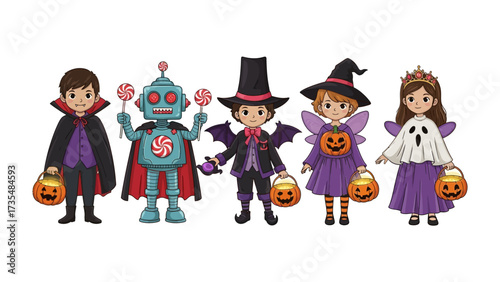 Halloween Kids in Costume: A charming collection of kids in imaginative halloween costumes, carrying trick-or-treat buckets, ready for spooky fun and playful adventures.