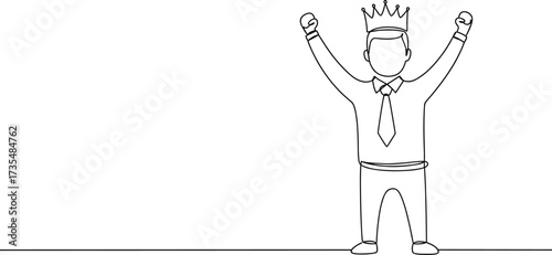 Line art illustration of businessman with crown raising hands, symbol of victory, success, leadership, empowerment, achievement, motivation, power, royalty