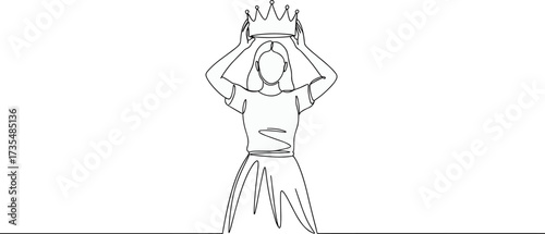 Line art illustration of woman putting crown on head, symbol of empowerment, self confidence, leadership, achievement, motivation, success, female power, royalty