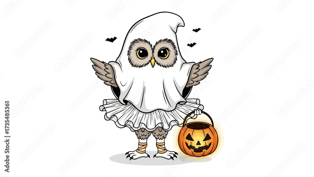 Naklejka premium Halloween Owl: A charming owl dons a ghost costume and tutu, holding a jack-o'-lantern, perfectly encapsulating the spirit of Halloween