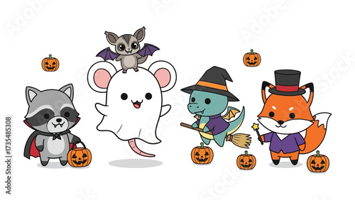 Halloween Critters' Parade: A whimsical collection of adorable, costumed animals, each embracing the festive spirit of Halloween with pumpkins and spells.
