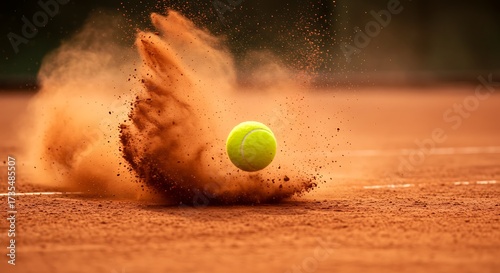 Tennis ball impacting clay court generating dust cloud action shot
