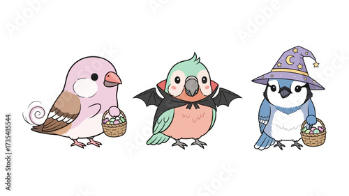 Whimsical Bird Trio: Three charming illustrated birds, adorned in Halloween-themed costumes, each carry small baskets of eggs, creating a playful and festive scene. 