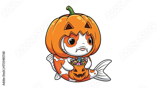 Pumpkin Koi Fish for Halloween: A whimsical illustration depicts a Koi fish adorned in a vibrant pumpkin costume, clutching a candy-filled basket with the essence of Halloween spirit.