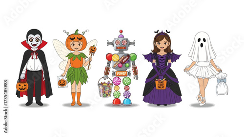 Halloween Costume Parade: A vibrant cartoon of children dressed in creative Halloween costumes, each with a unique character, spreading joy and the spirit of the holiday season.