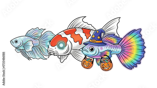 Aquatic Trio: A whimsical illustration captures three colorful fish, a koi and a betta and a guppy, each displaying unique characteristics and vibrant hues.