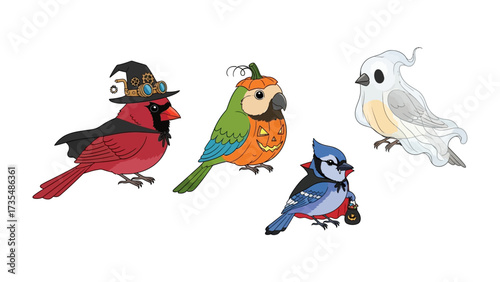 Halloween Avian Crew: A quirky assortment of birds adorned in Halloween costumes, set against a clean backdrop, bringing a touch of whimsy to the festive season.