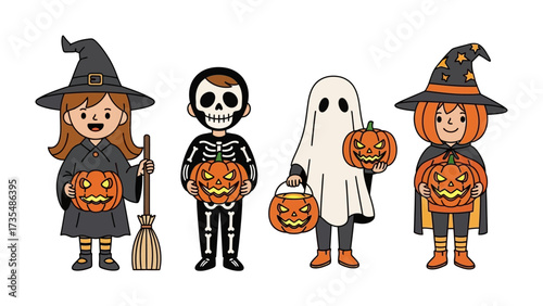 Enchanting Halloween Gathering: A delightful collection of costumed children embodies the playful spirit of Halloween, each bearing a carved pumpkin, a witch, a skeleton, and a ghost.