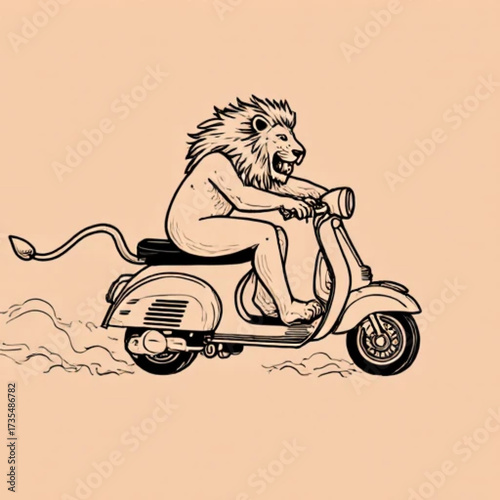 vector illustration of a lion riding scooter 