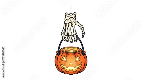 Festive Halloween Decoration: A creatively designed pumpkin bucket, accompanied by a skeletal hand, embodying the spooky spirit of the holiday season. The illustration details evoke a festive mood.