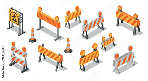 Isometric road construction barriers and traffic cones set
