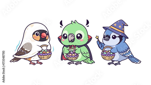 Halloween Birds: Whimsical cartoon of three birds, dressed in Halloween costumes, each carrying a basket filled with colorful candies, bringing a dose of spooky fun.