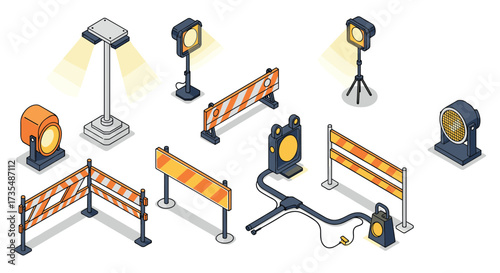 Isometric construction equipment with traffic barriers and lighting