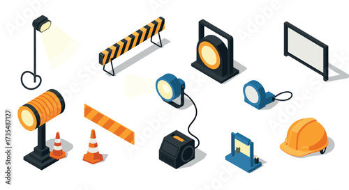 Isometric construction equipment set with traffic barriers and safety gear