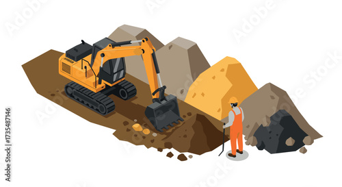 Isometric excavator and construction worker at quarry site with earth mounds