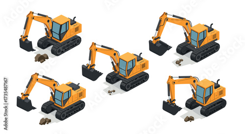 Isometric construction excavators on white background