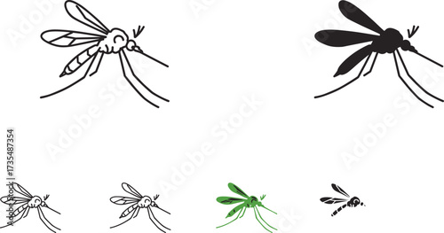 Mosquito vector illustration set, flying insect silhouette icons, black outline mosquito, pest control symbol, malaria carrier, dangerous bug isolated design