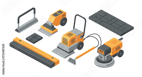 Isometric construction equipment set with machinery and tools for paving and flooring