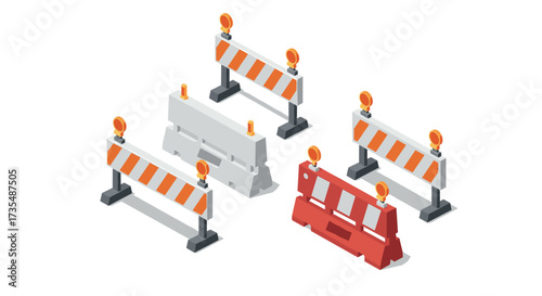Isometric construction barricades set with warning lights for safety and traffic management